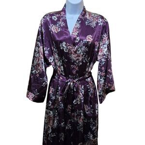 Floral Satin Kimono Robe With Waist Tie Purple & Pink Womens Medium fairycore